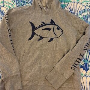 Southern Tide Gray Hooded Sweatshirt with Navy Fish Graphic